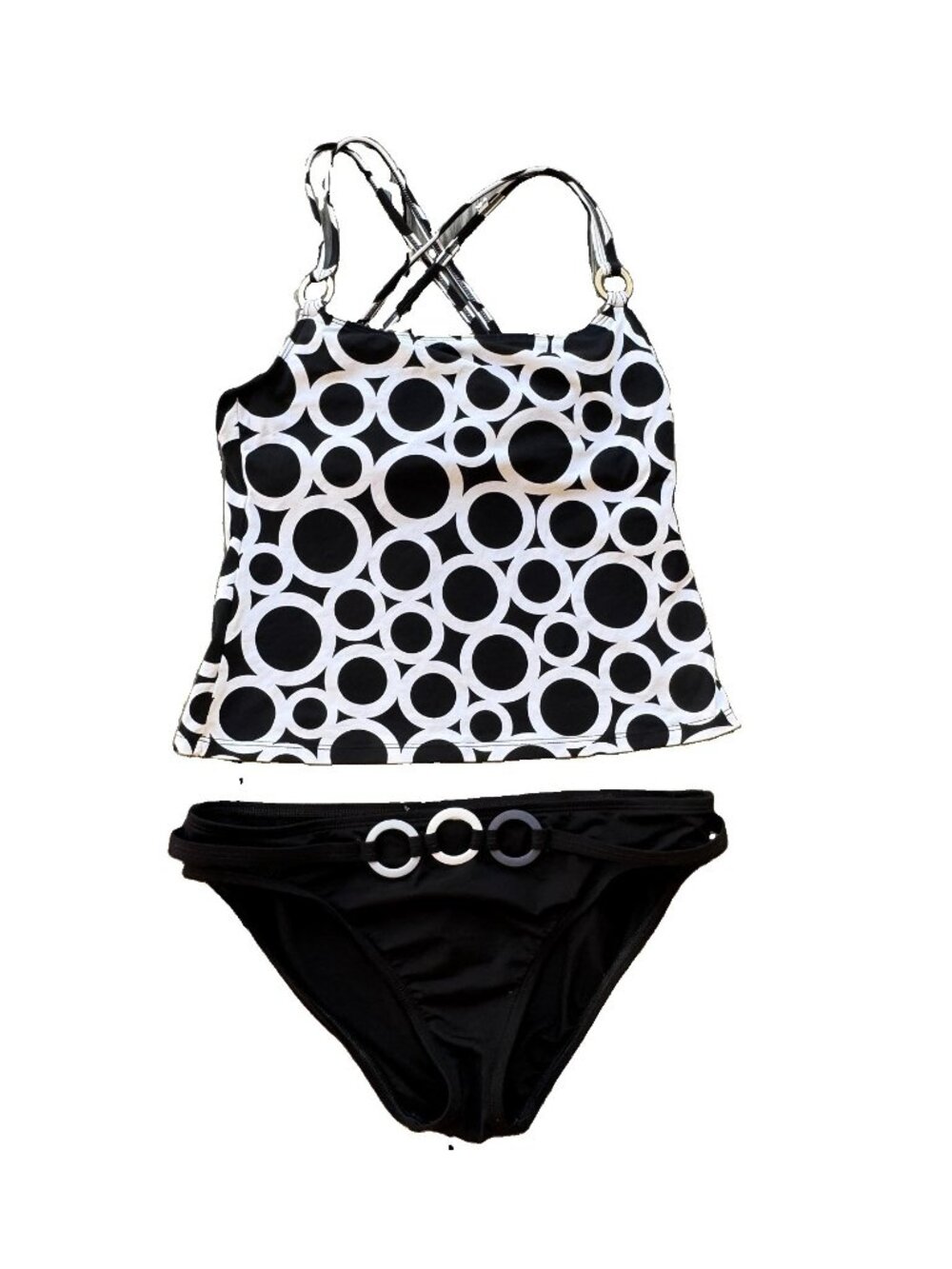 LA BLANCA Swimwear 2 Pc Large Black White Circles Rings Tankini Bikini Womens 10